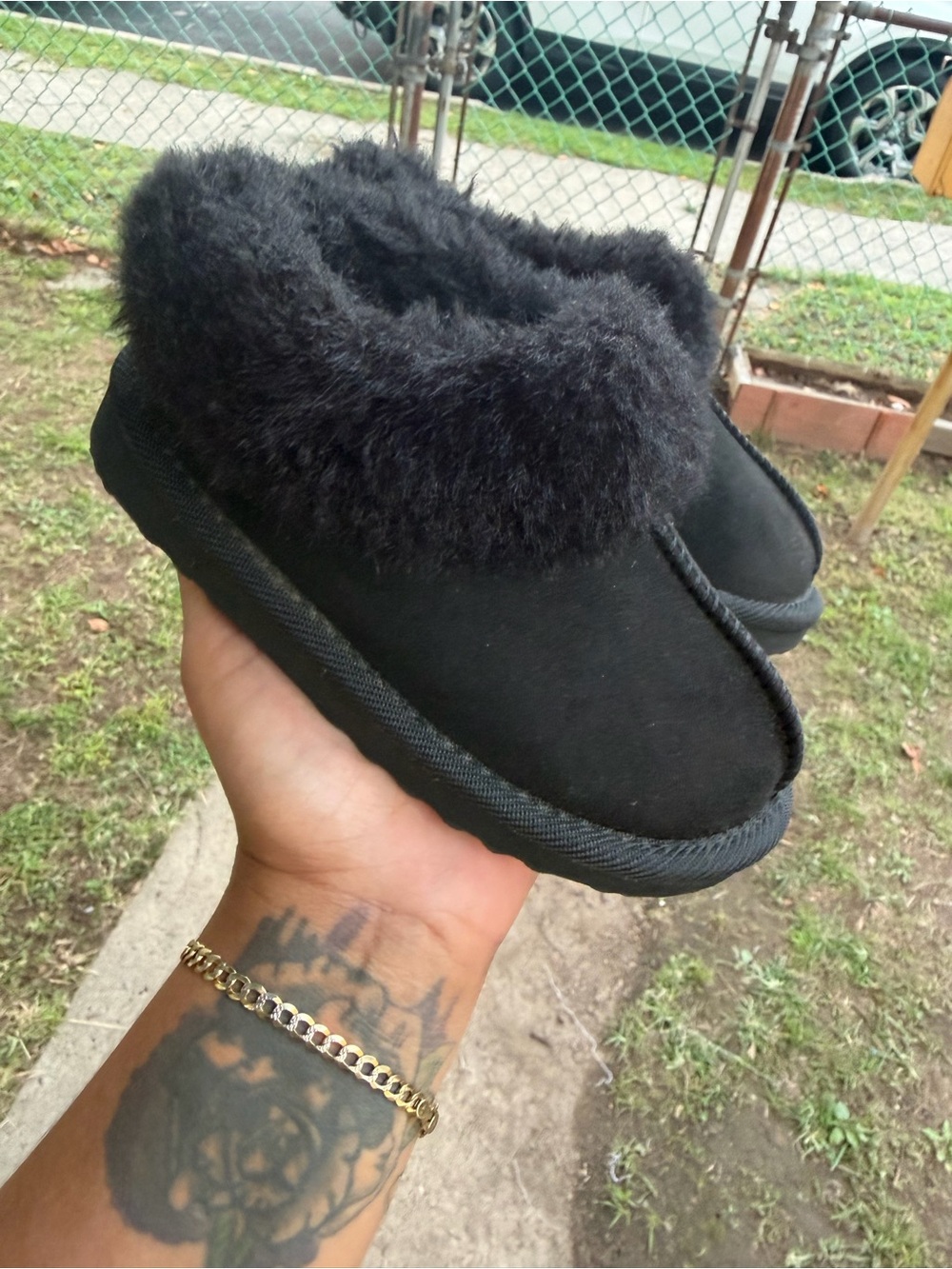 Kids Black Fuzzy Slip-On Shoes